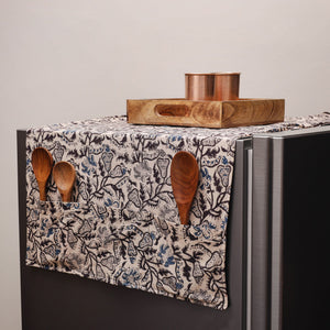 Beige - Kalamkari Block Printed Fridge Cover with Handle Cover 09