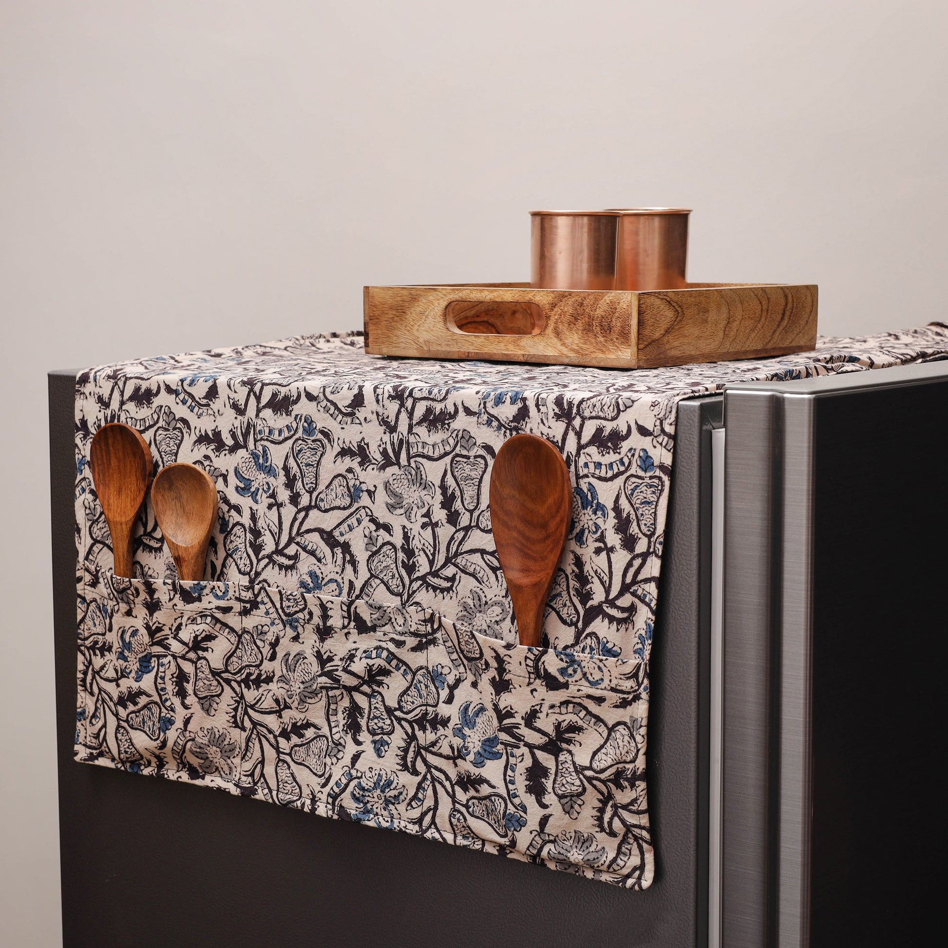 Beige - Kalamkari Block Printed Fridge Cover with Handle Cover 09