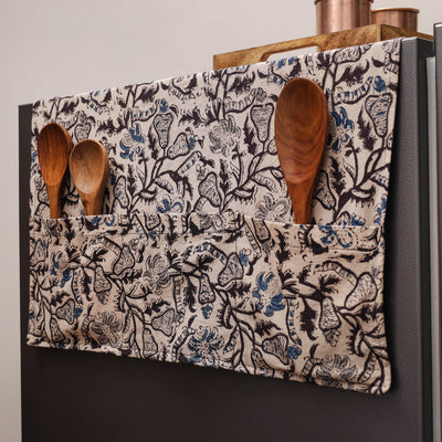 Beige - Kalamkari Block Printed Fridge Cover with Handle Cover 09