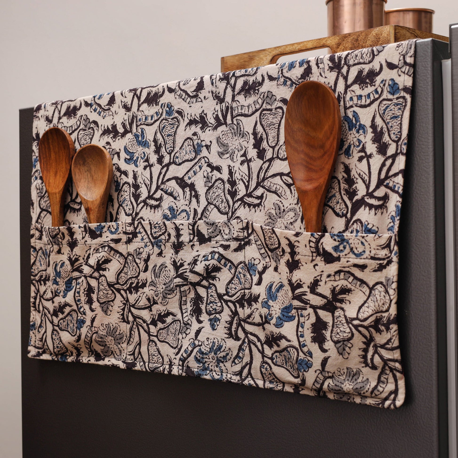 Beige - Kalamkari Block Printed Fridge Cover with Handle Cover 09