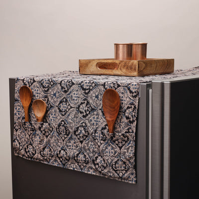 Black - Kalamkari Block Printed Fridge Cover with Handle Cover 10