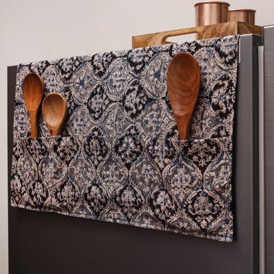 Black - Kalamkari Block Printed Fridge Cover with Handle Cover 10
