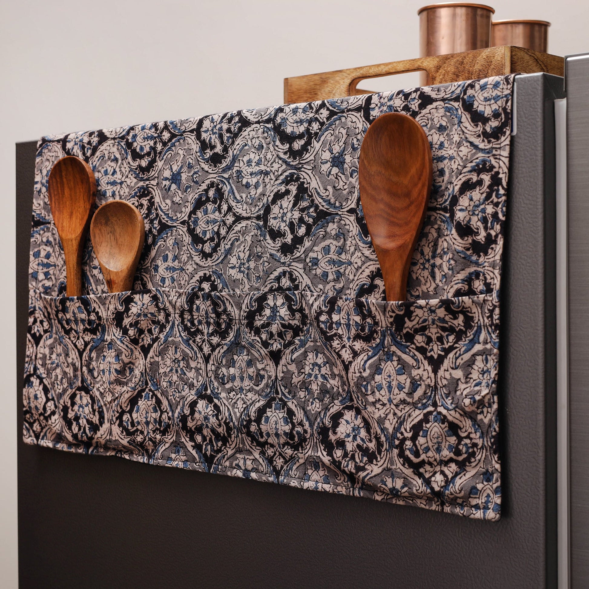 Black - Kalamkari Block Printed Fridge Cover with Handle Cover 10