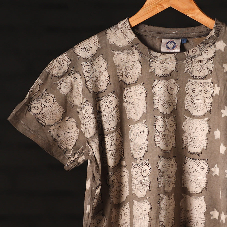 Brown - Bindaas Natural Dyed Art Block Print Round Neck T-shirt in Pure Cotton