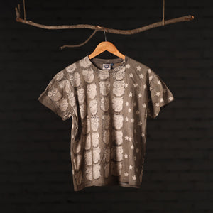 Brown - Bindaas Natural Dyed Art Block Print Round Neck T-shirt in Pure Cotton