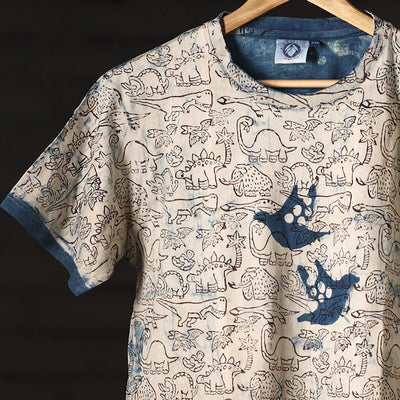Beige - Bindaas Natural Dyed Art Block Print Round Neck T-shirt in Pure Cotton