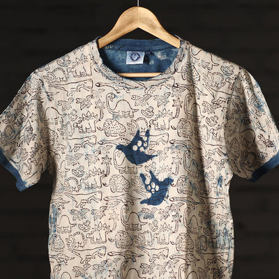 Beige - Bindaas Natural Dyed Art Block Print Round Neck T-shirt in Pure Cotton