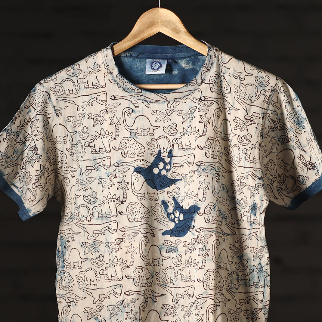 Beige - Bindaas Natural Dyed Art Block Print Round Neck T-shirt in Pure Cotton