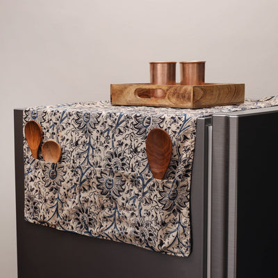 Beige - Kalamkari Block Printed Fridge Cover with Handle Cover 11