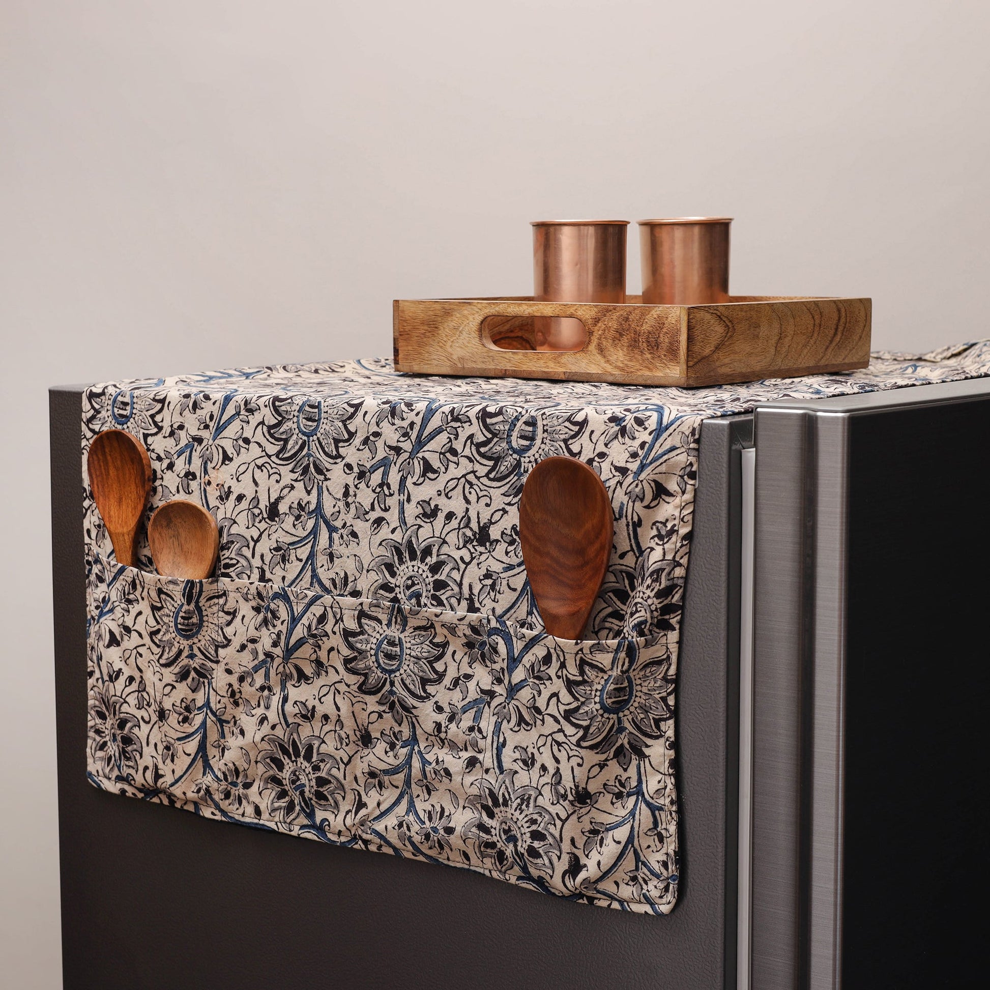 Beige - Kalamkari Block Printed Fridge Cover with Handle Cover 11