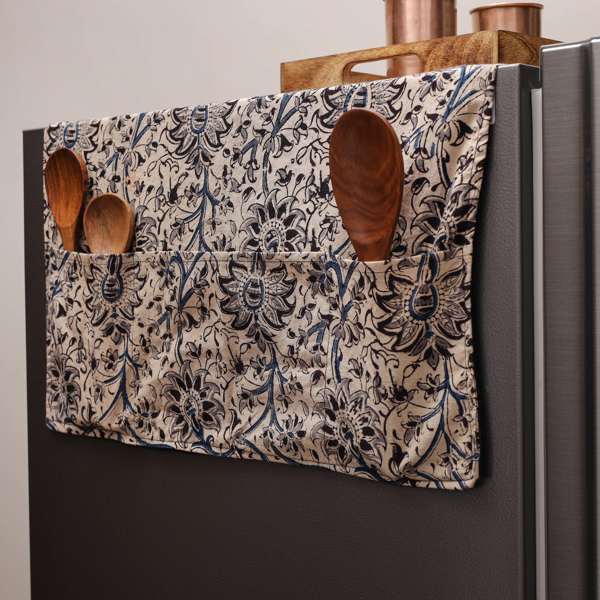 Beige - Kalamkari Block Printed Fridge Cover with Handle Cover 11