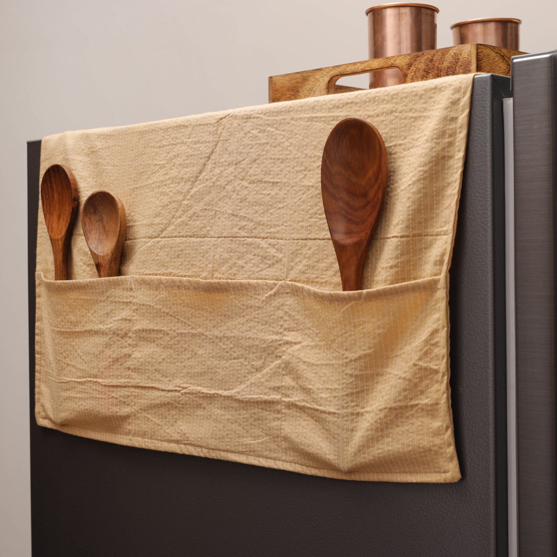 Beige - Kantha Stitch Cotton Fridge Top Cover 09