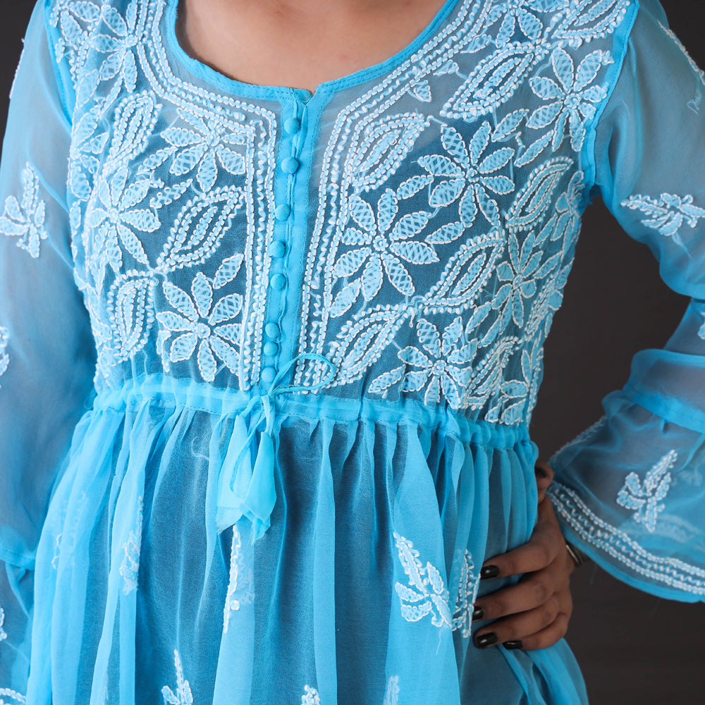 Blue - Chikankari Hand Embroidered Georgette Short Flared Kurta / Top
