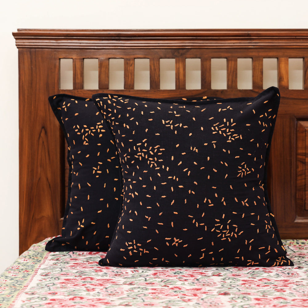 Black - Set of 2 - Chandi Mati Tagai Work Cotton Cushion Cover (16x16 inches)