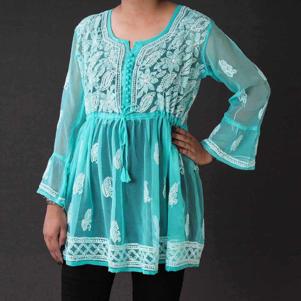Blue - Chikankari Hand Embroidered Georgette Short Flared Kurta / Top