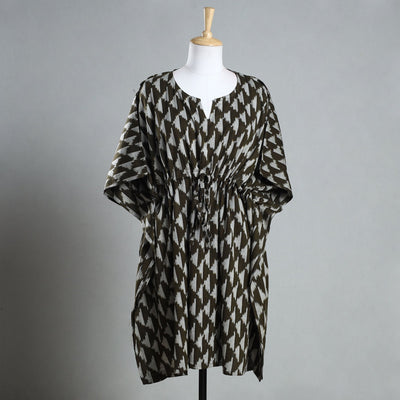 Brown - Ikat Weave Cotton Kaftan with Tie-Up Waist (Medium)