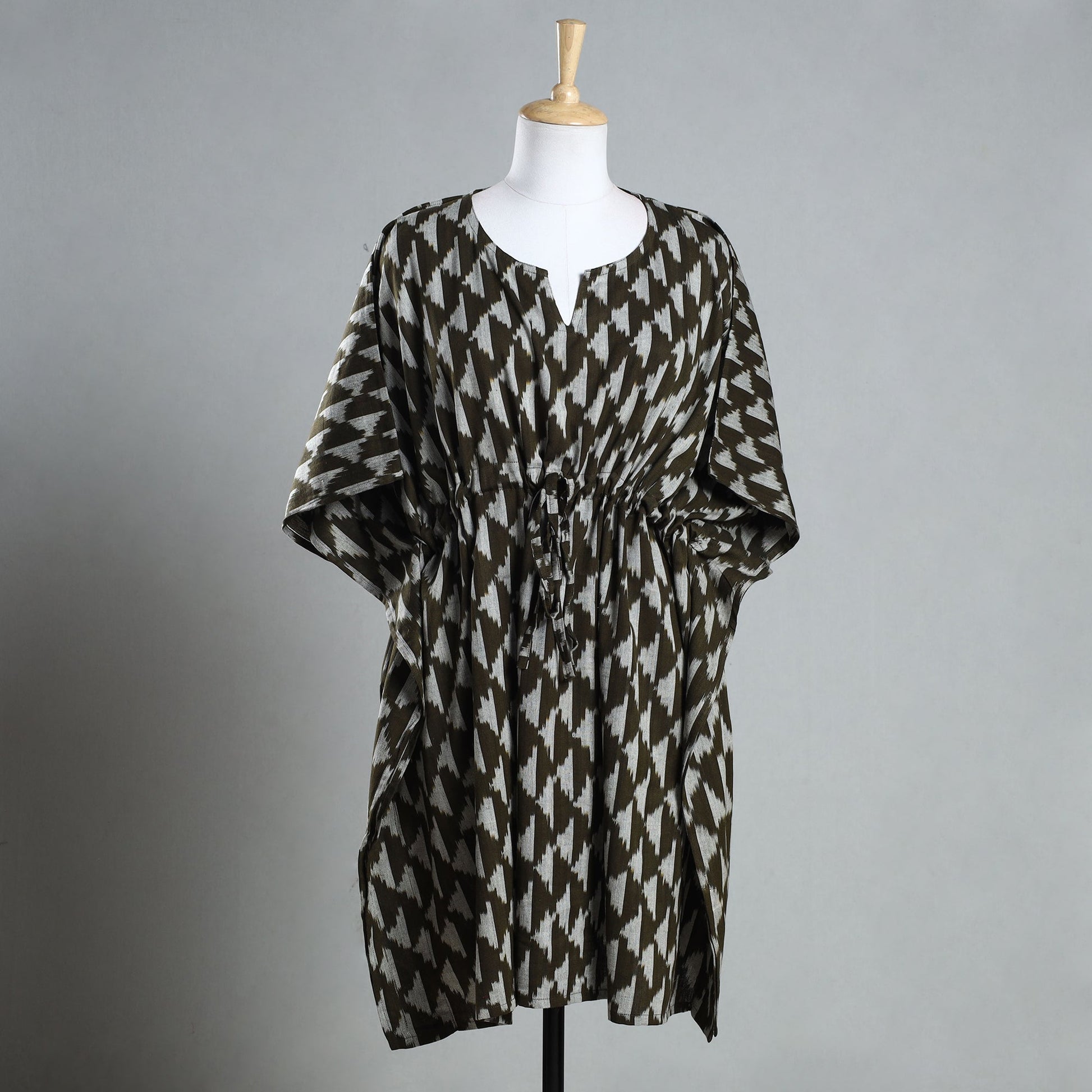 Brown - Ikat Weave Cotton Kaftan with Tie-Up Waist (Medium)