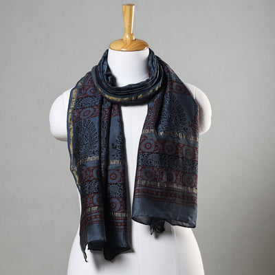 Blue - Bagh Hand Block Printed Chanderi Silk Stole