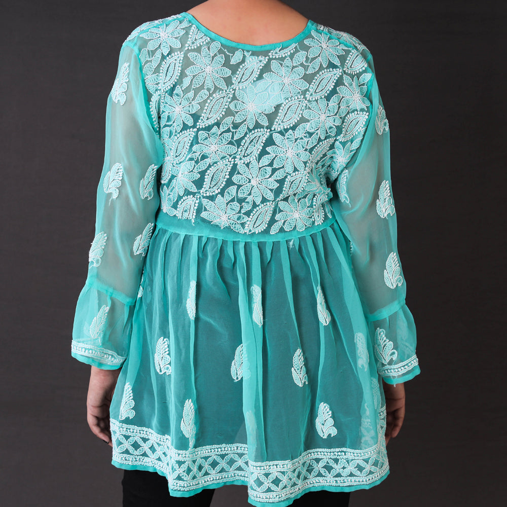 Blue - Chikankari Hand Embroidered Georgette Short Flared Kurta / Top