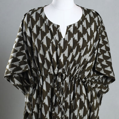 Brown - Ikat Weave Cotton Kaftan with Tie-Up Waist (Medium)
