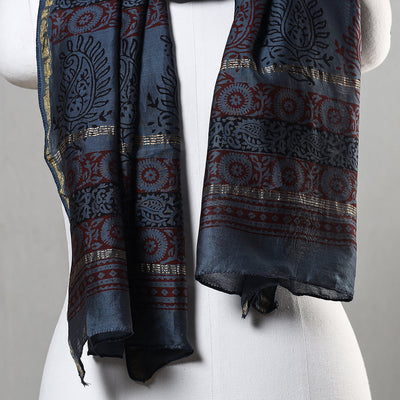 Blue - Bagh Hand Block Printed Chanderi Silk Stole
