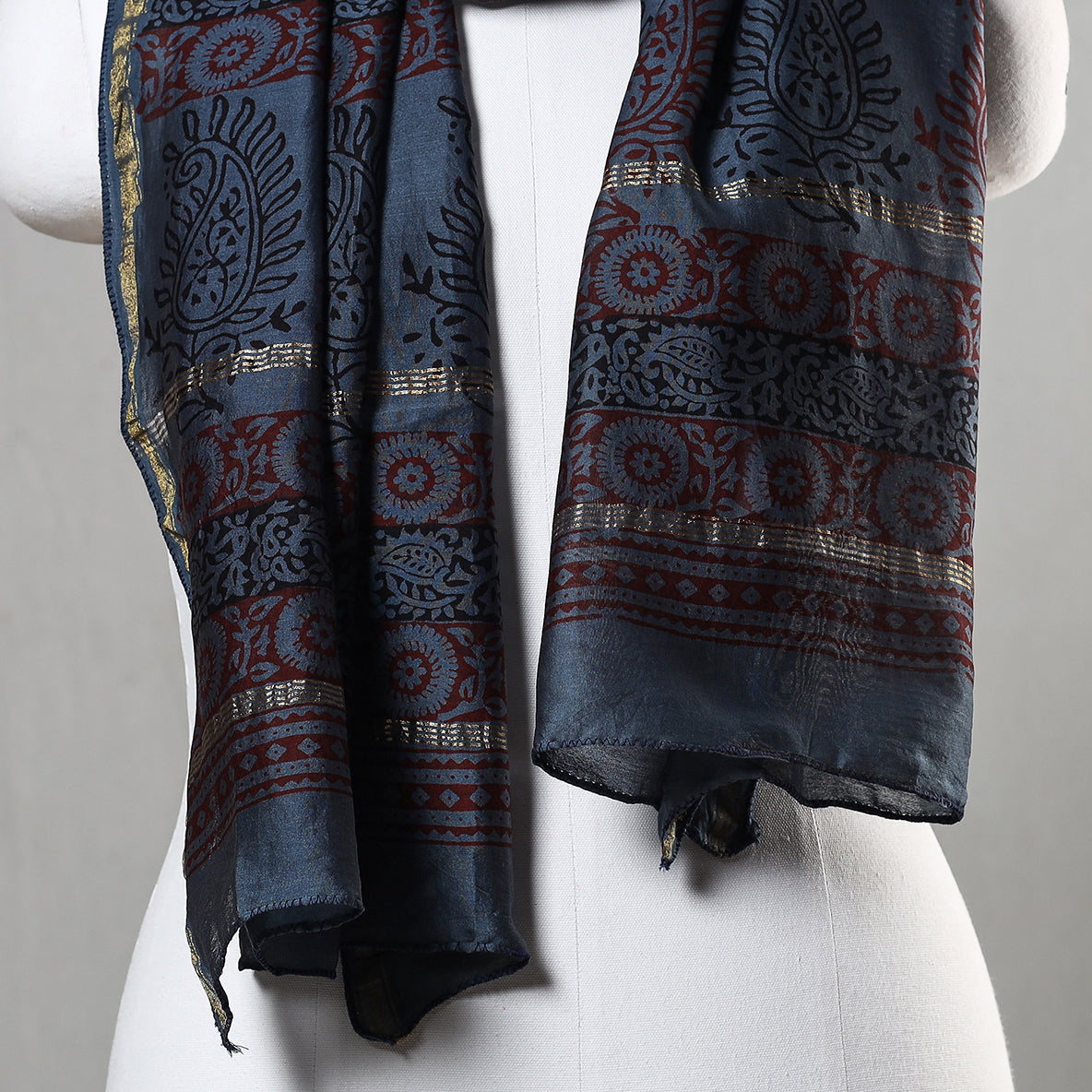Blue - Bagh Hand Block Printed Chanderi Silk Stole
