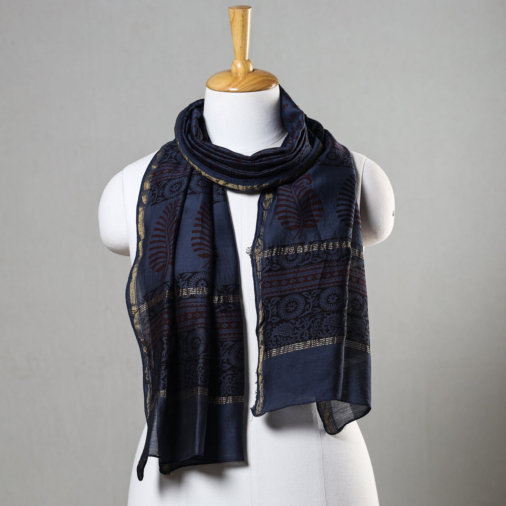 Blue - Bagh Hand Block Printed Chanderi Silk Stole