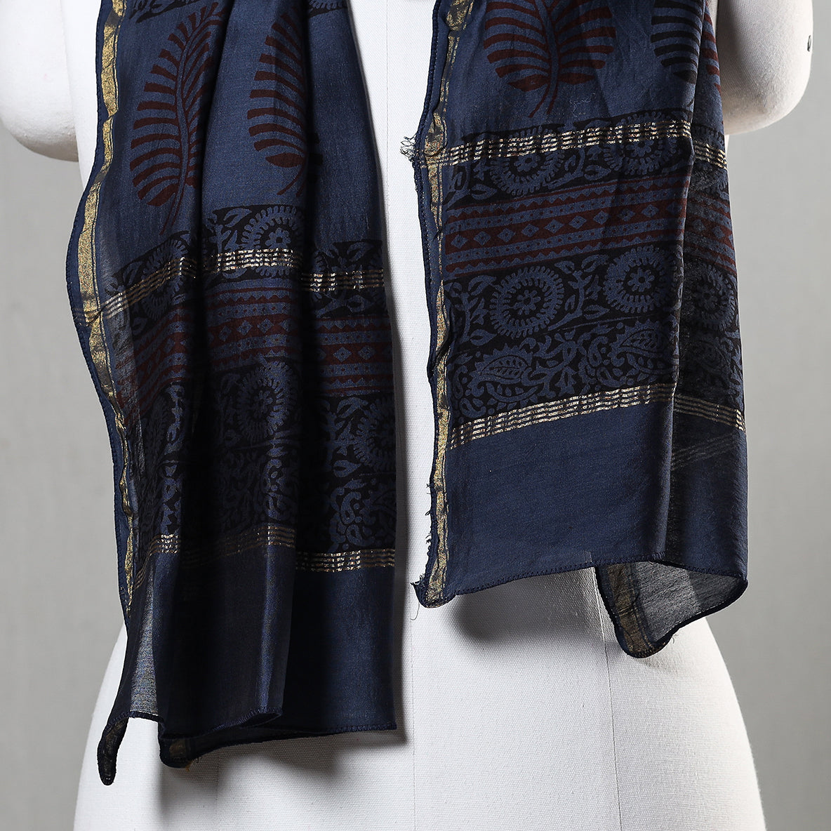 Blue - Bagh Hand Block Printed Chanderi Silk Stole