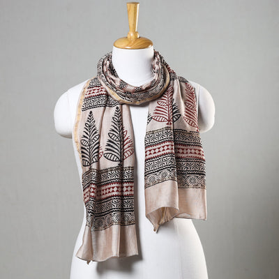 Beige - Bagh Hand Block Printed Chanderi Silk Stole