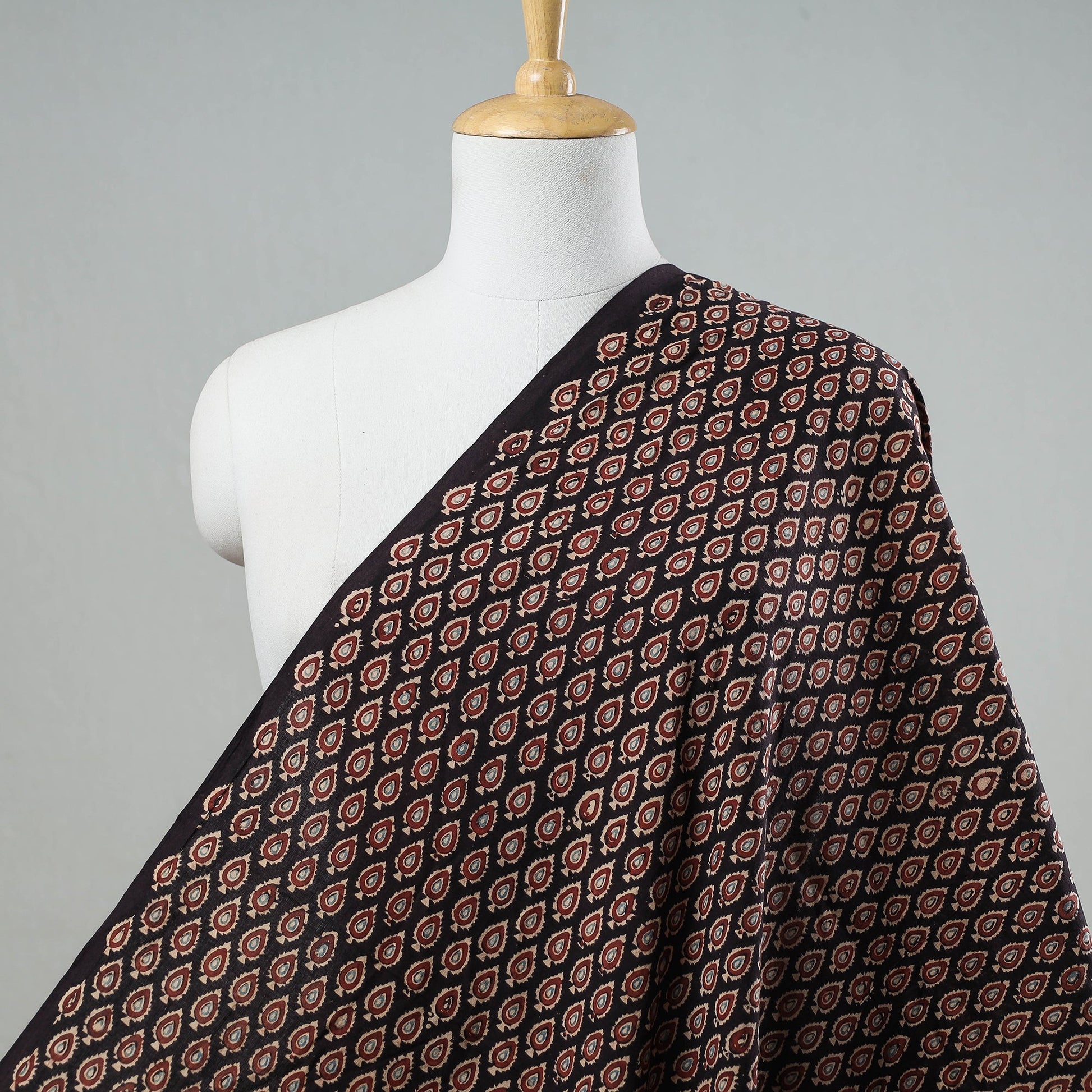 Black Red Leaf Butti Ajrakh Hand Block Printed Cotton Fabric