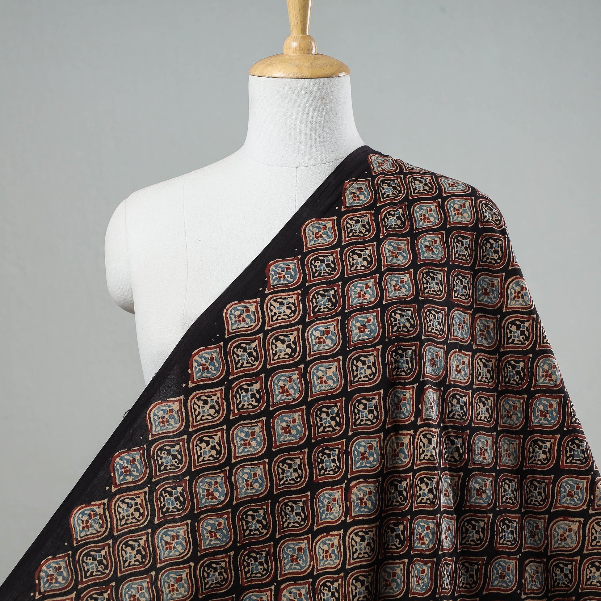 Black - Leaf Butta Ajrakh Hand Block Printed Cotton Fabric
