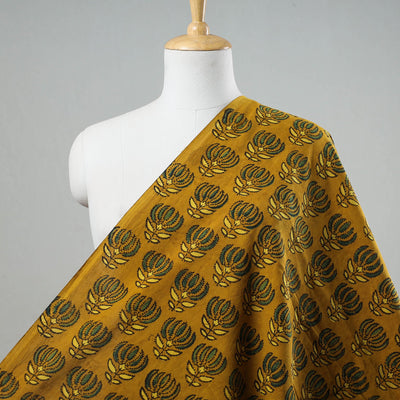 Beaming Yellow Lotus Butta Ajrakh Block Printed Cotton Fabric