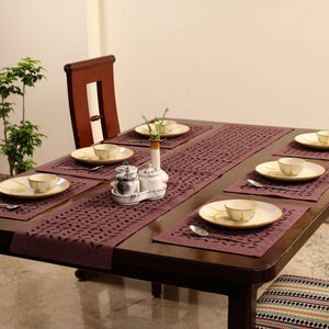 Brown - Applique Cut Work Table Runner with Table Mat Set 87