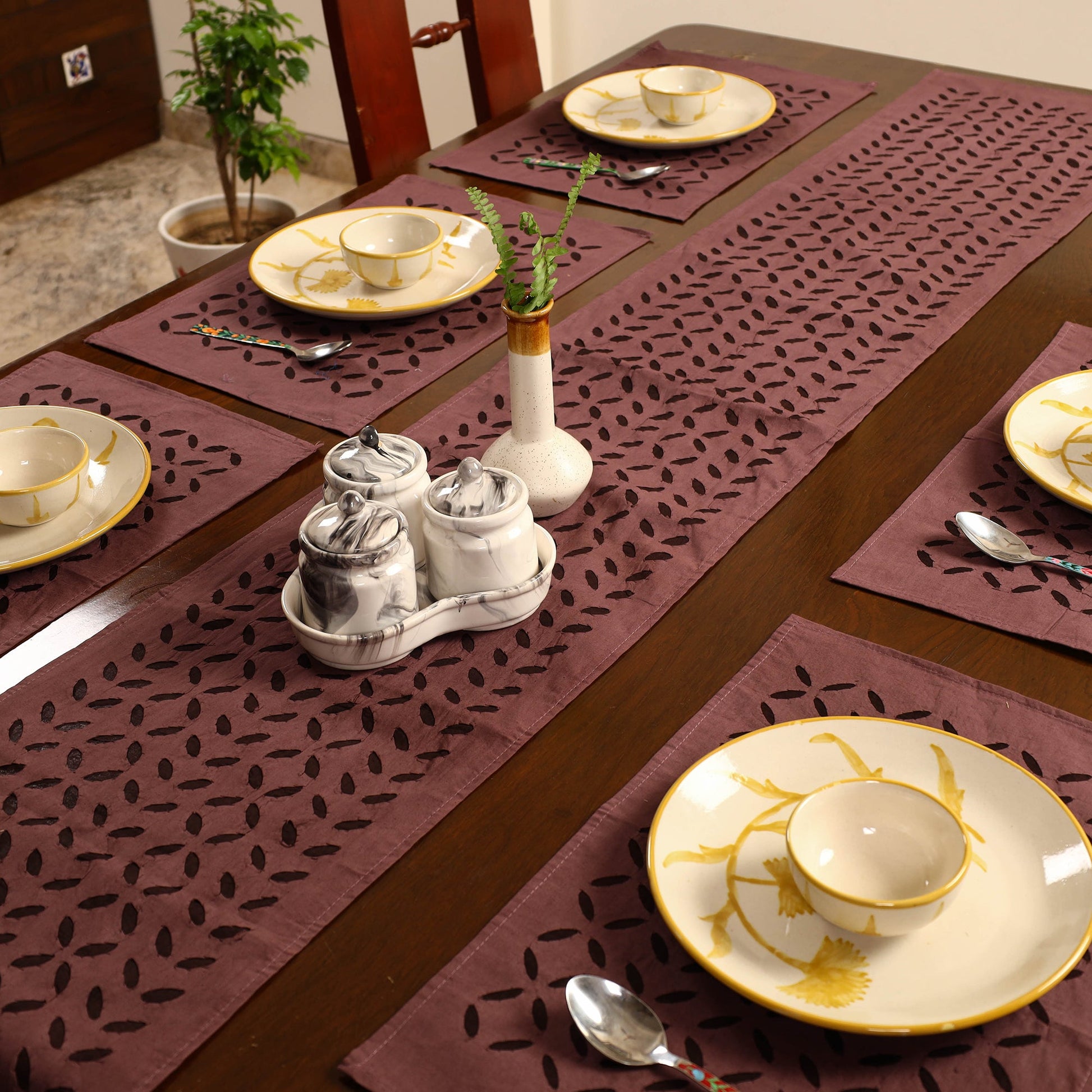 Brown - Applique Cut Work Table Runner with Table Mat Set 87
