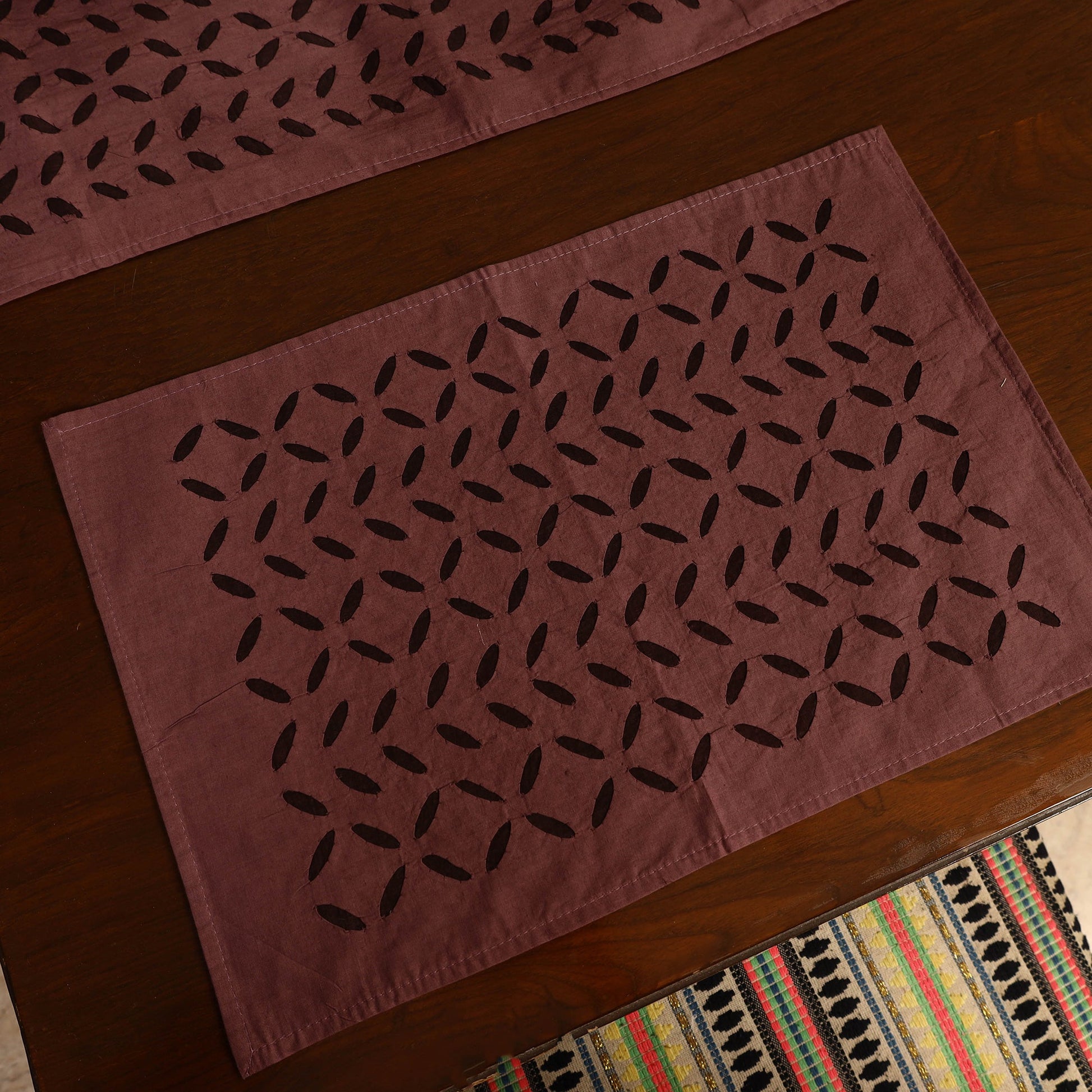 Brown - Applique Cut Work Table Runner with Table Mat Set 87