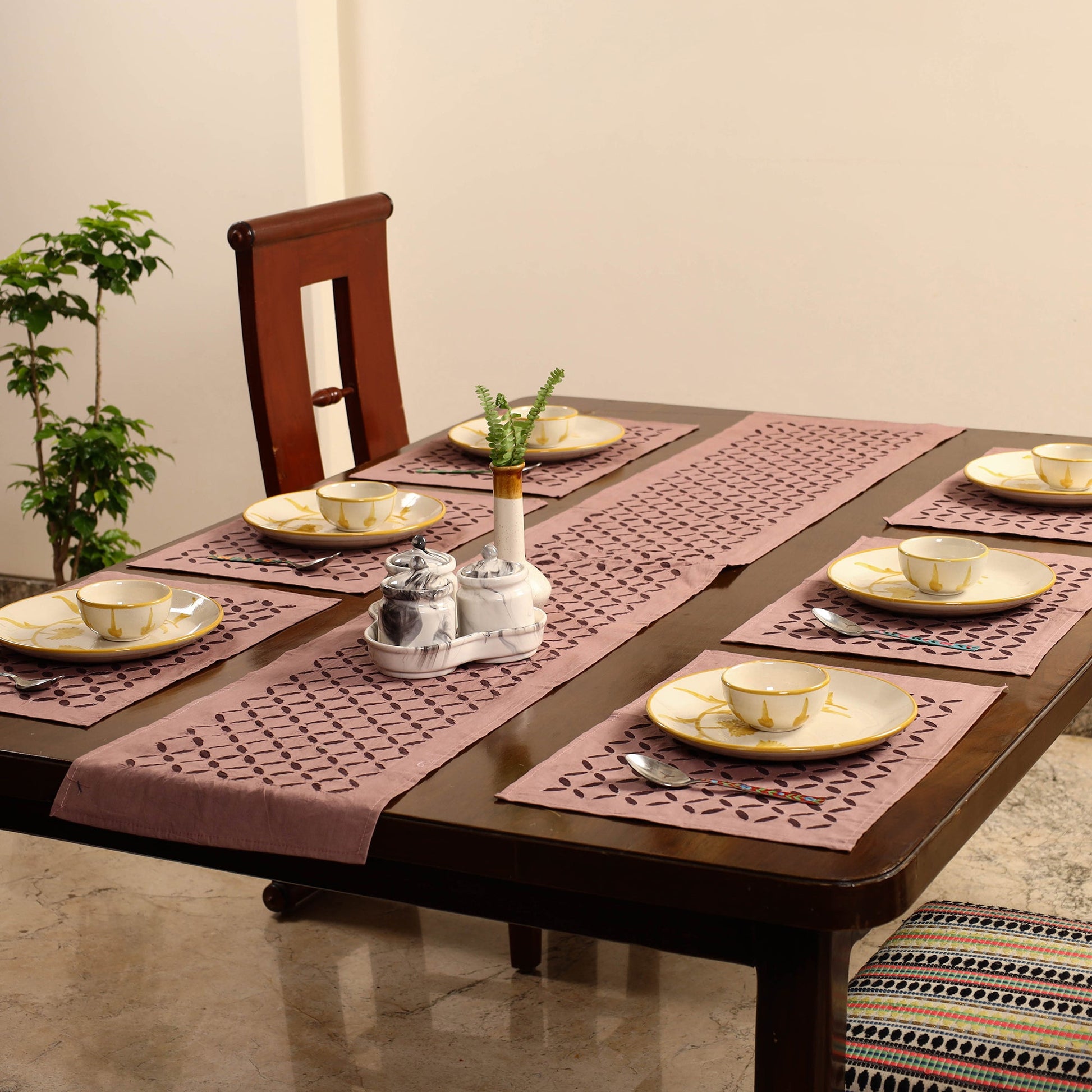 Brown - Applique Cut Work Table Runner with Table Mat Set 88