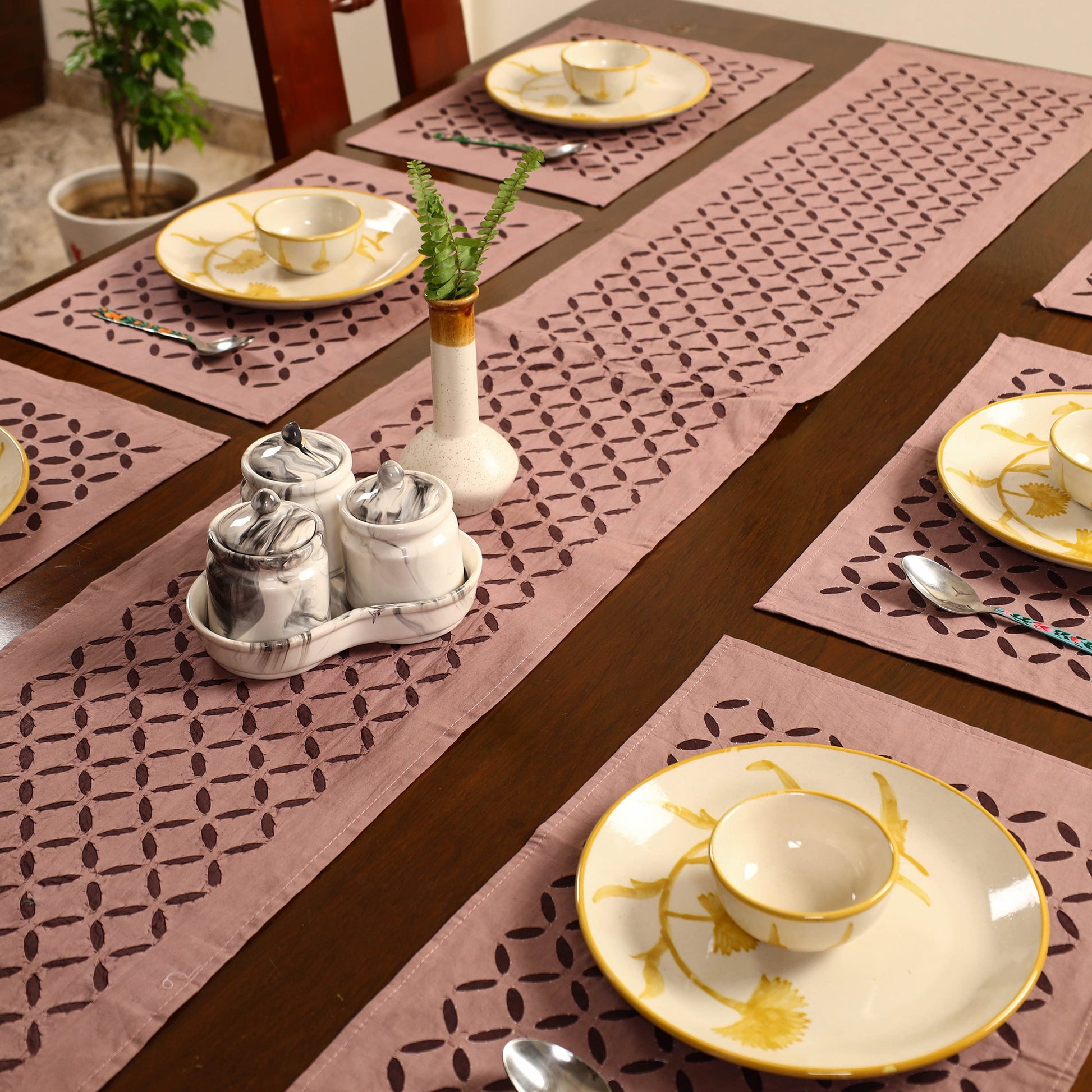 Brown - Applique Cut Work Table Runner with Table Mat Set 88
