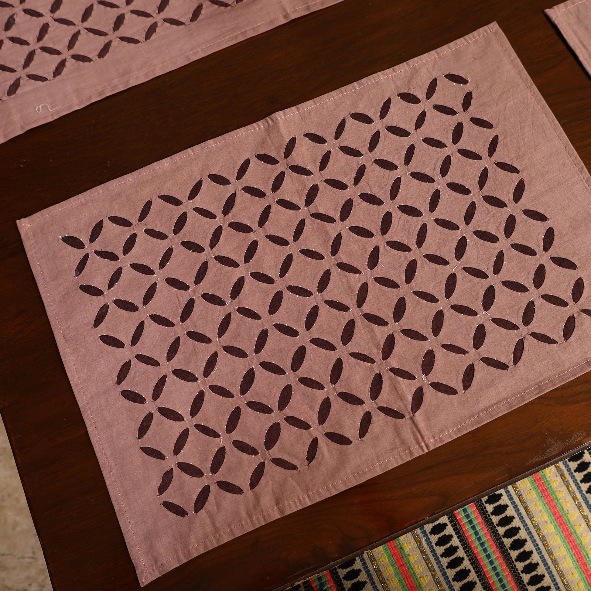 Brown - Applique Cut Work Table Runner with Table Mat Set 88