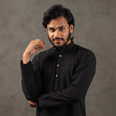 Black Handloom Cotton Plain Men Short Kurta