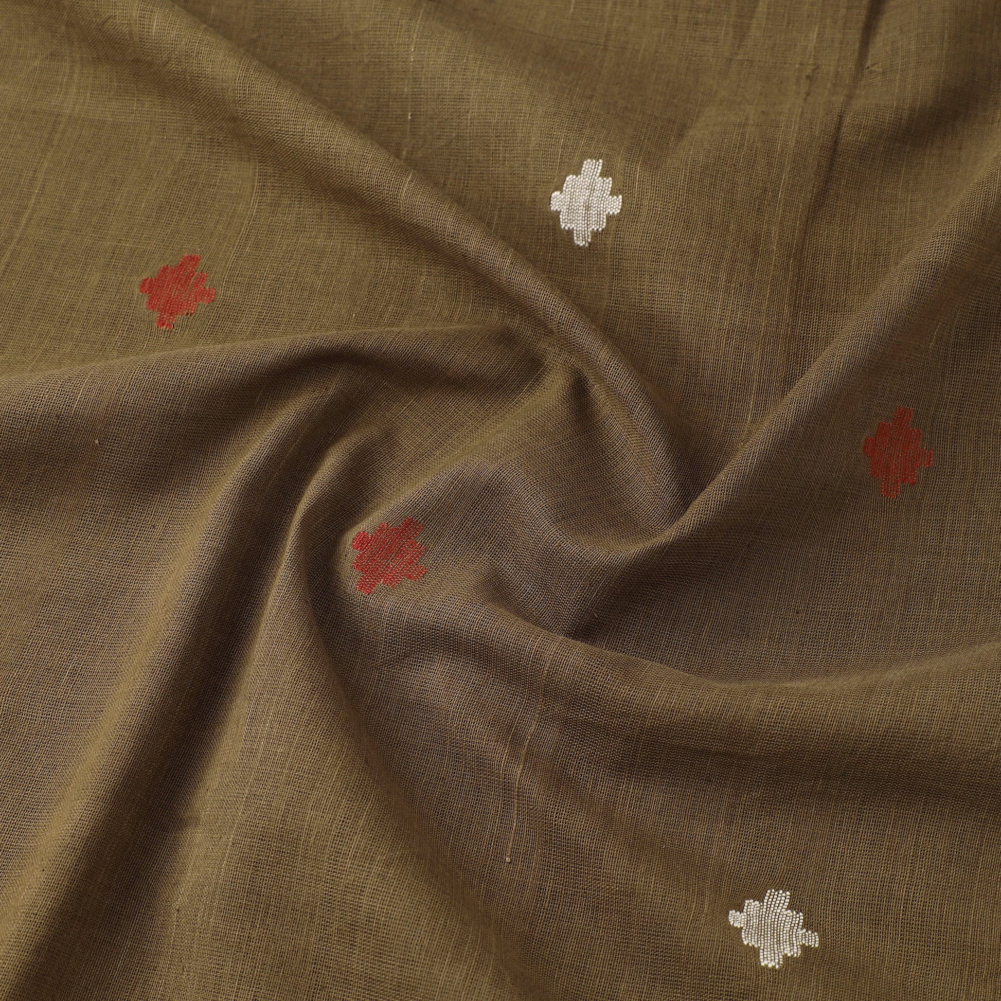 Brown - Handspun Handloom Natural Dyed Cotton Jamdani Fabric 09