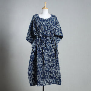 Blue - Hand Block Printed Cotton Kaftan with Tie-Up Waist (Long)