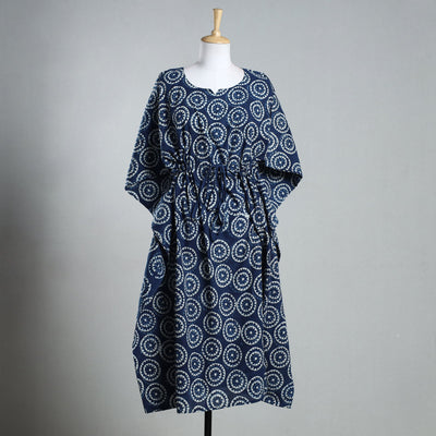 Blue - Hand Block Printed Cotton Kaftan with Tie-Up Waist (Long)
