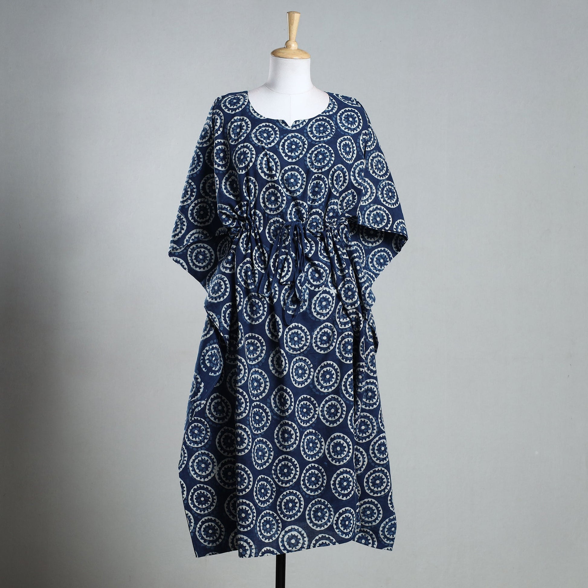 Blue - Hand Block Printed Cotton Kaftan with Tie-Up Waist (Long)