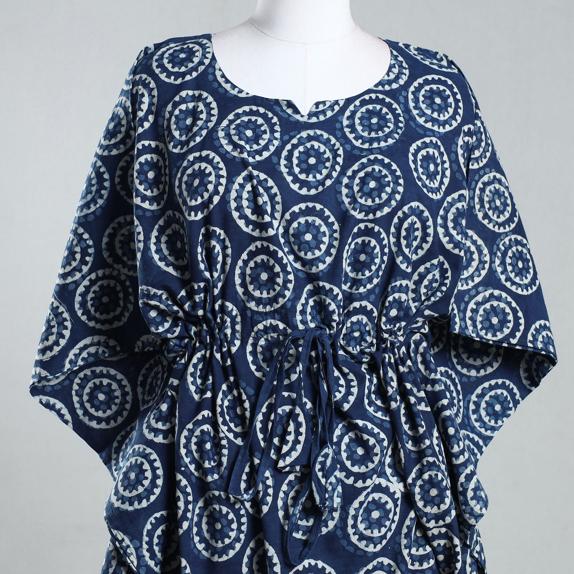 Blue - Hand Block Printed Cotton Kaftan with Tie-Up Waist (Long)