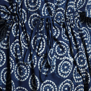 Blue - Hand Block Printed Cotton Kaftan with Tie-Up Waist (Long)