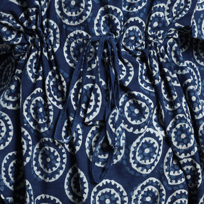 Blue - Hand Block Printed Cotton Kaftan with Tie-Up Waist (Long)