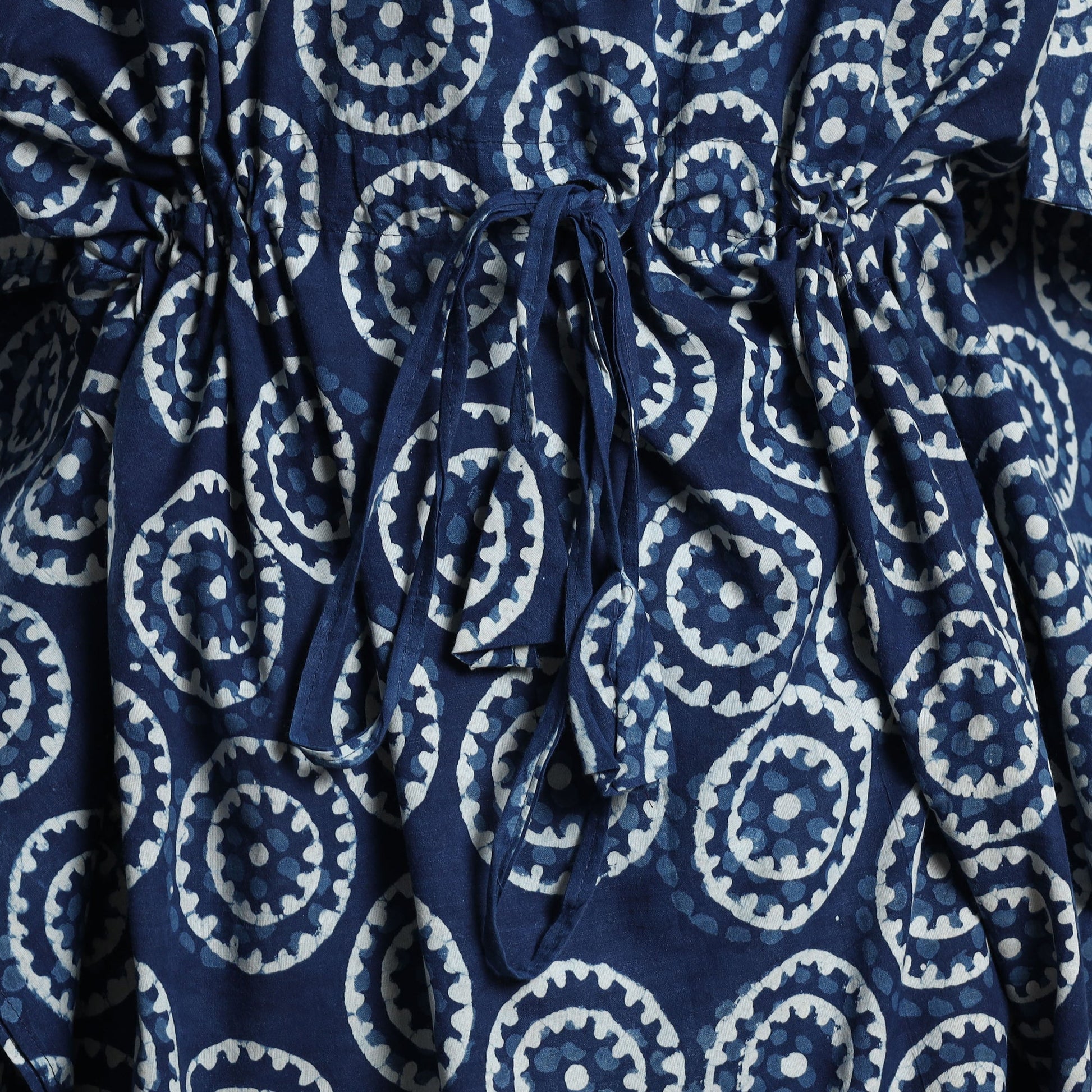 Blue - Hand Block Printed Cotton Kaftan with Tie-Up Waist (Long)