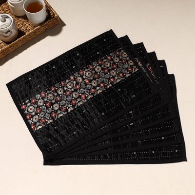 Black - Kutch Tagai Embroidered Mashru Silk Table Mats (SO6) 03