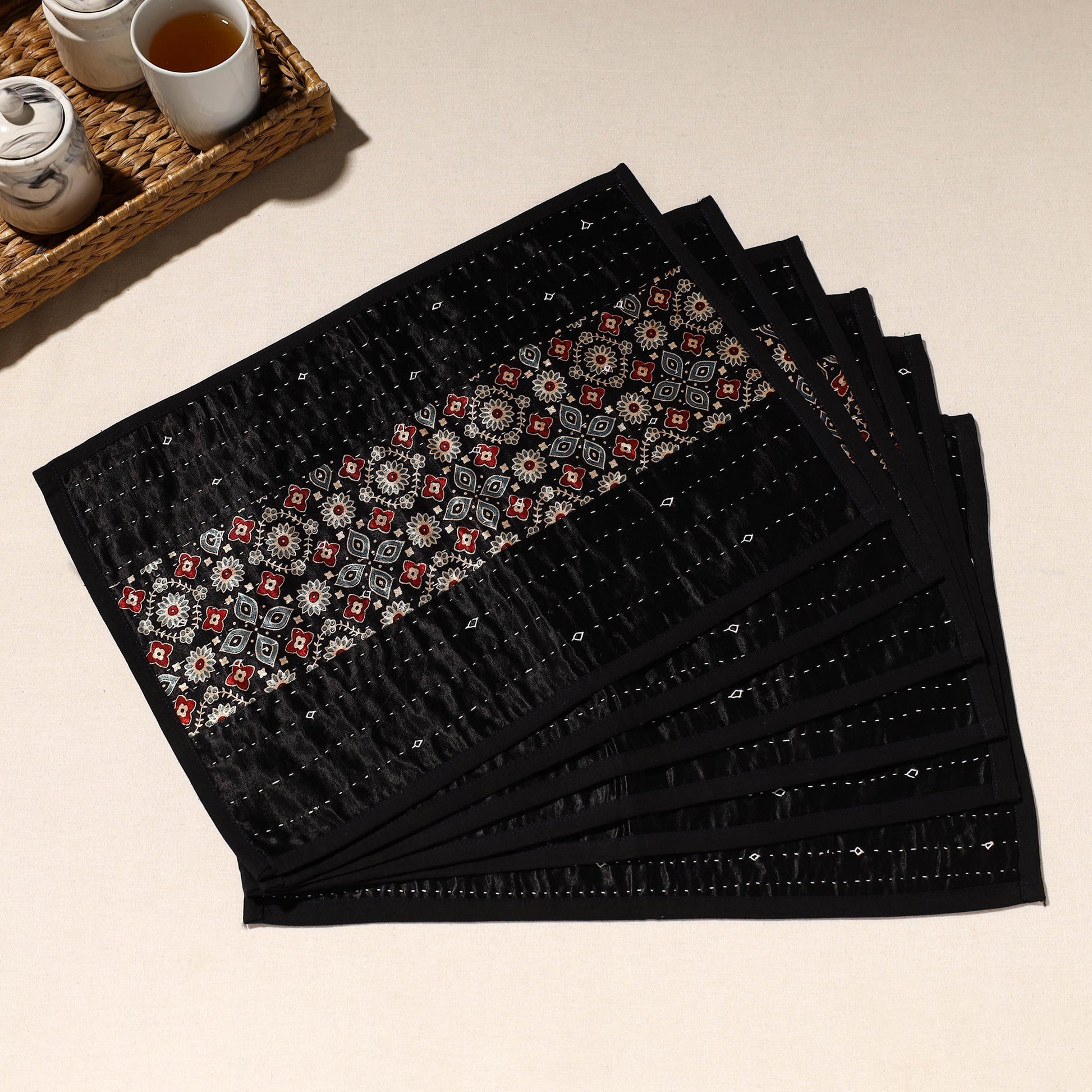 Black - Kutch Tagai Embroidered Mashru Silk Table Mats (SO6) 03