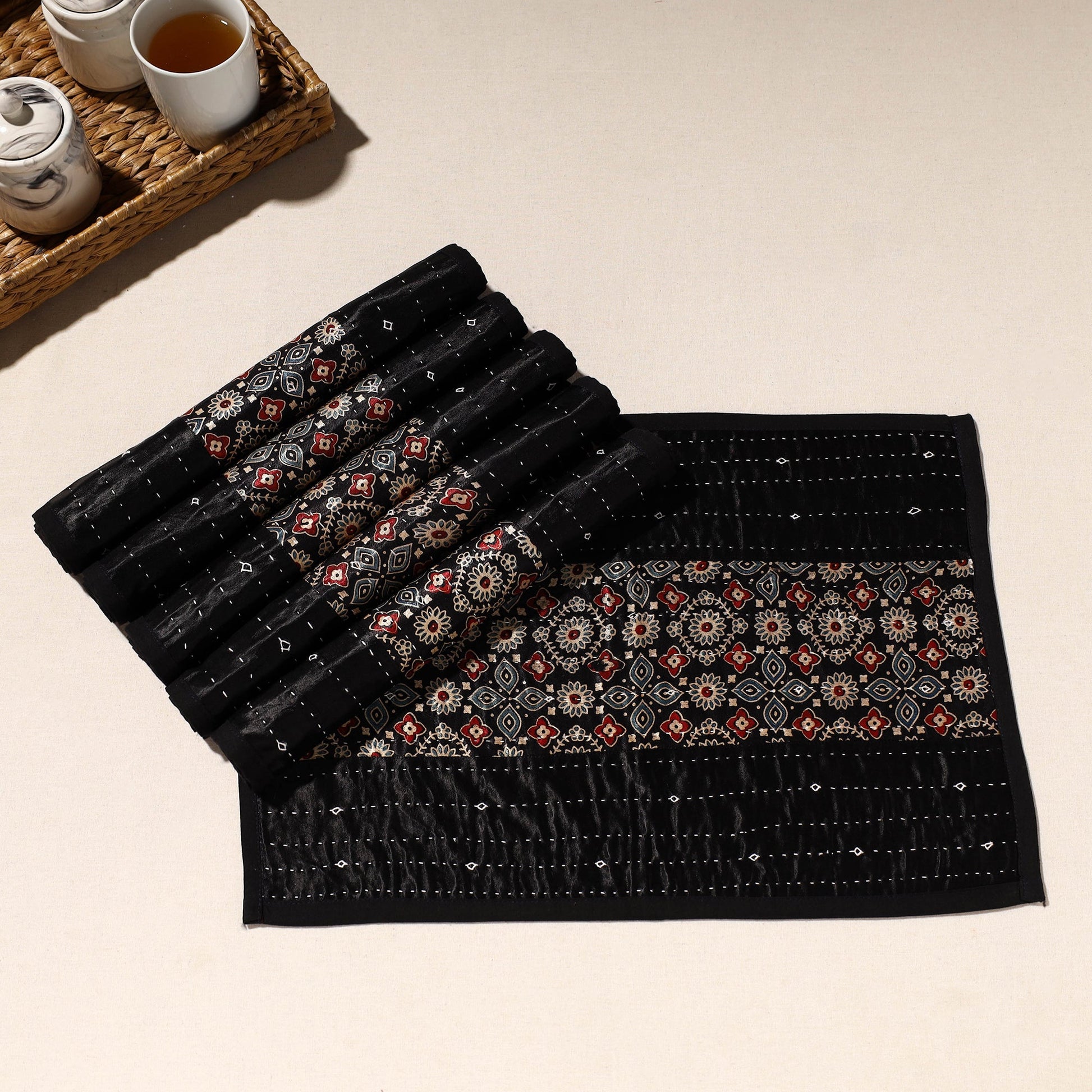 Black - Kutch Tagai Embroidered Mashru Silk Table Mats (SO6) 03